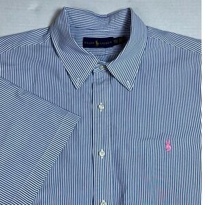 Ralph Lauren Mens Short Sleeve Striped Button Down Shirt Pink Pony Logo XXL TTG